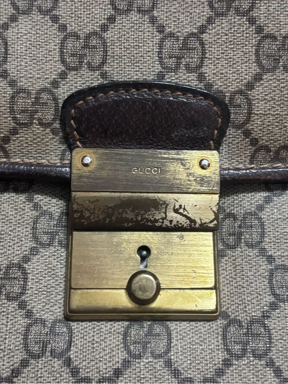 Vintage 1960s Gucci Brown Monogram Briefcase with Brown Leather Trim & Lock Key